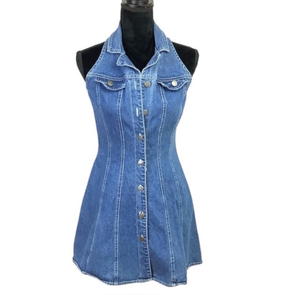 VINTAGE PARIS BLUES DENIM FITTED SLEEVELESS BUTTON DOWN DRESS